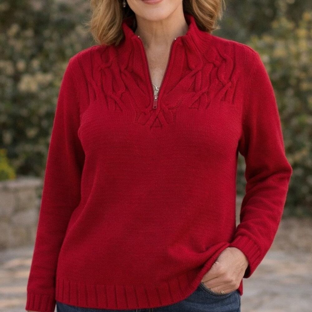 Coldwater Creek Cable Knit Sweater Large Red Cotton Blend 1/4 Zip Fisherman